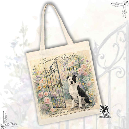 Tote Bag SECRET GARDEN - AMERICAN STAFFORDSHIRE TERRIER Bianco e Nero - 100% Cotone - Bianca o Beige