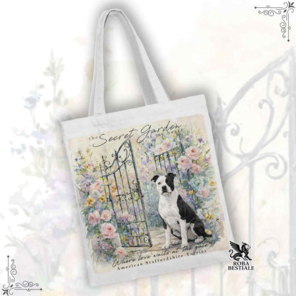 Tote Bag SECRET GARDEN - AMERICAN STAFFORDSHIRE TERRIER Bianco e Nero - 100% Cotone - Bianca o Beige