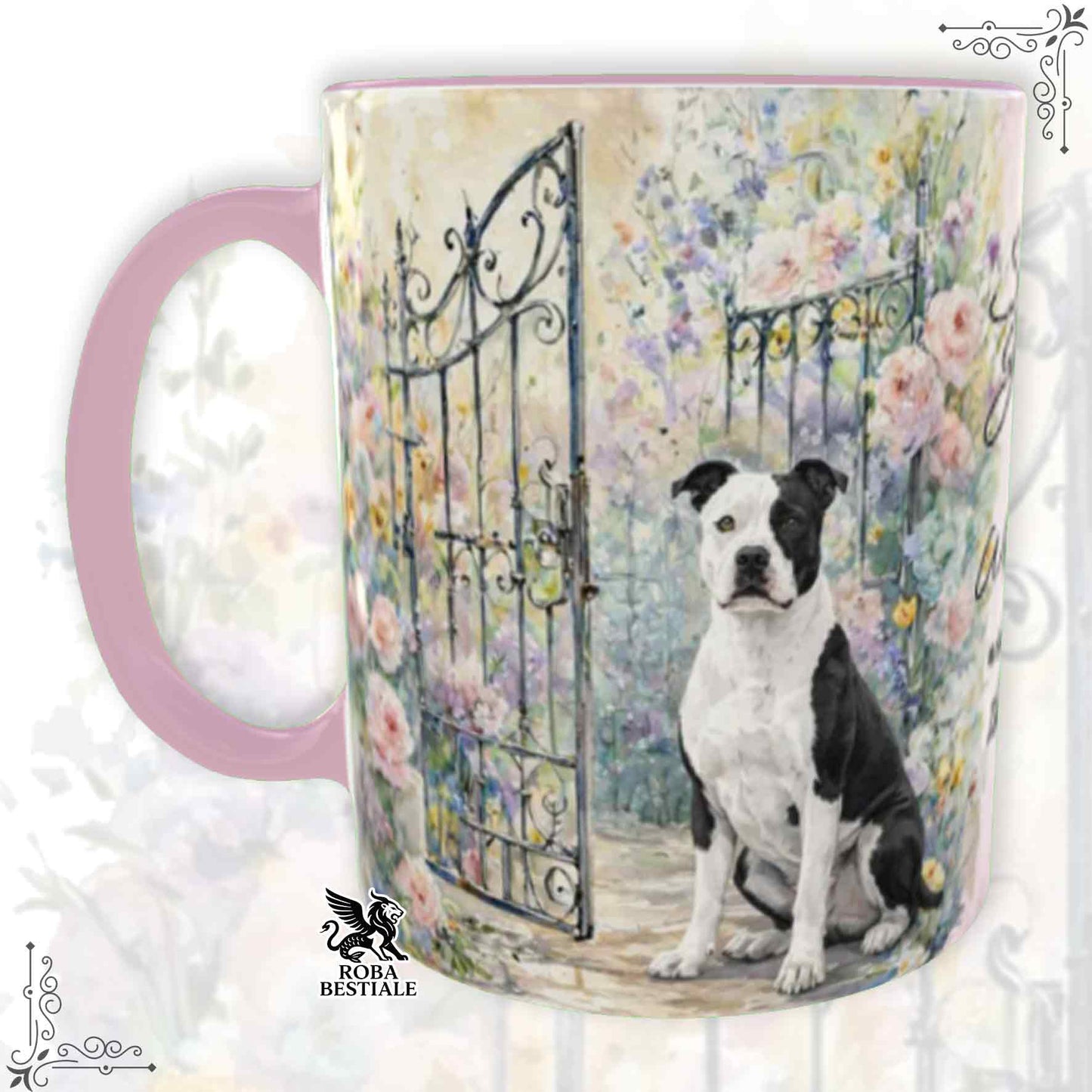 Tazza SECRET GARDEN - AMERICAN STAFFORDSHIRE TERRIER Bianco e Nero - Dettagli ROSA - 330 ml - in Ceramica