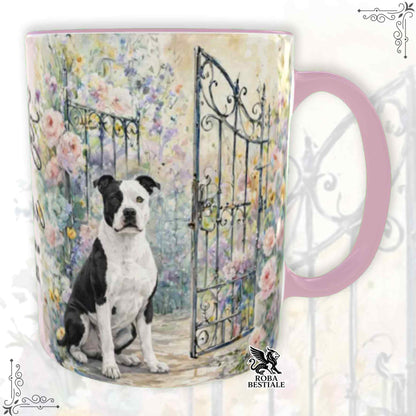 Tazza SECRET GARDEN - AMERICAN STAFFORDSHIRE TERRIER Bianco e Nero - Dettagli ROSA - 330 ml - in Ceramica