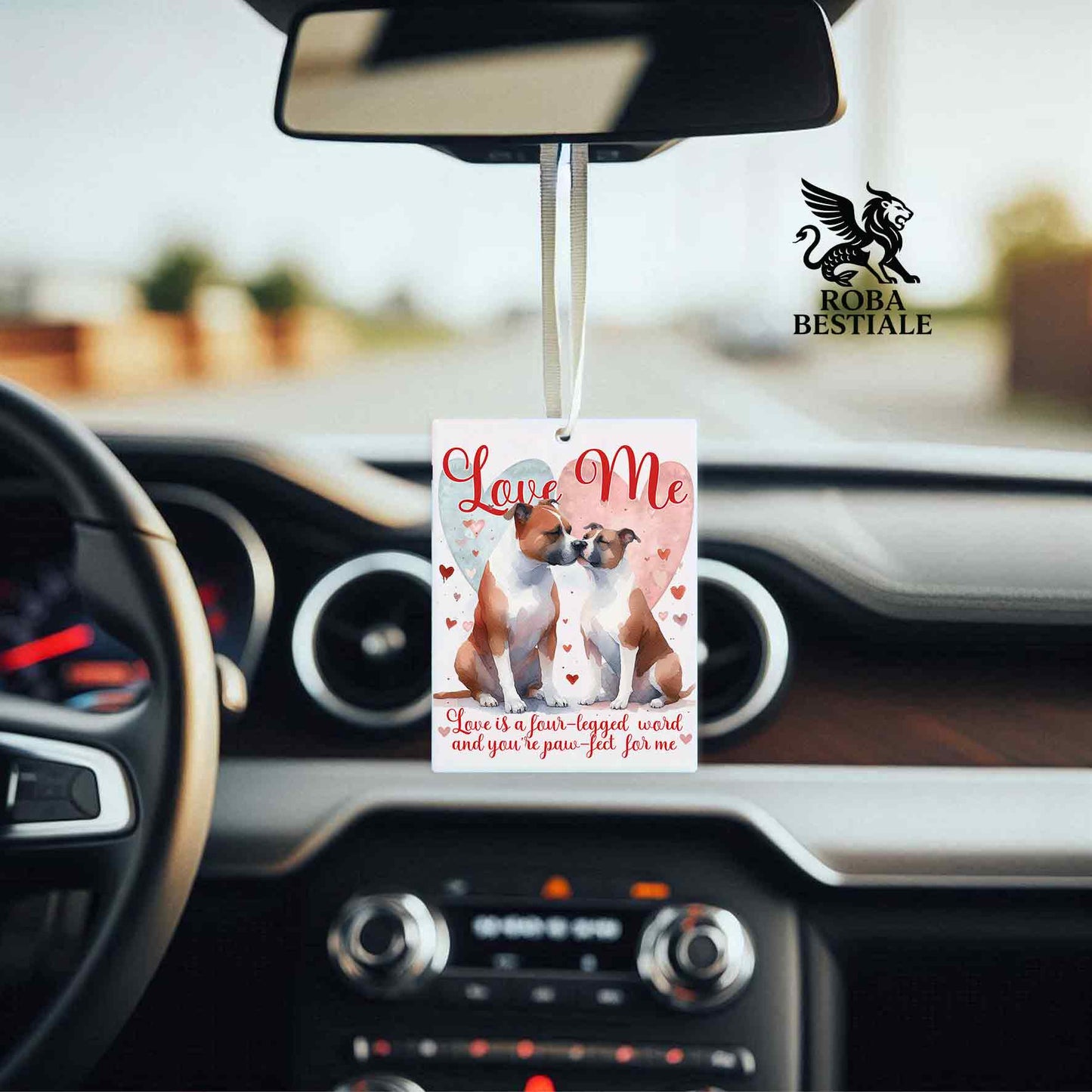 Deodorante Auto LOVE ME - AMERICAN STAFFORDSHIRE TERRIER Bianco e Rosso - In Feltro, con cordino - 7,5 x 10 cm