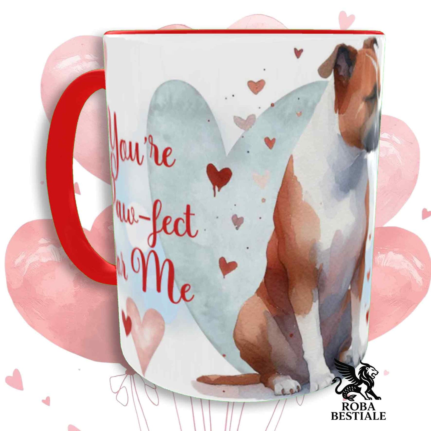 Tazza LOVE ME - AMERICAN STAFFORDSHIRE TERRIER Bianco e Rosso - In Ceramica, con dettagli Rossi - 330 ml