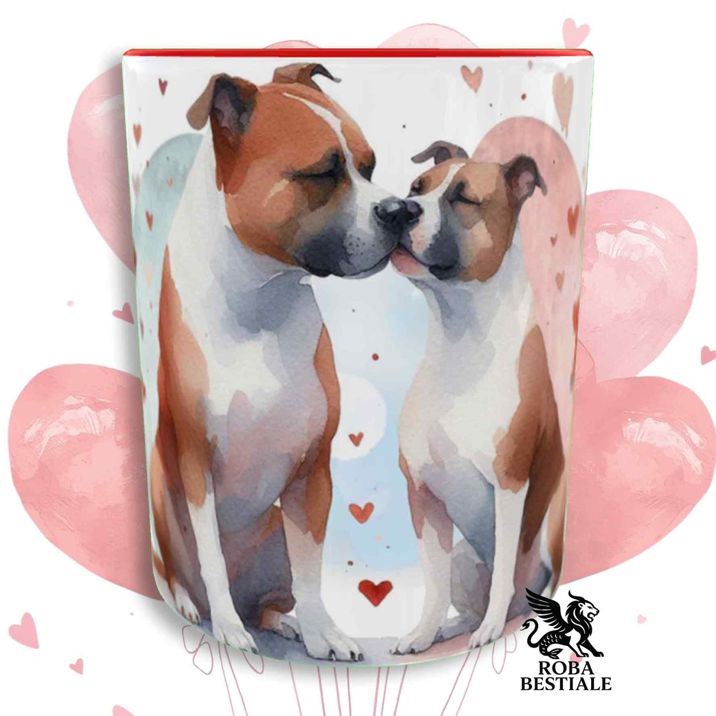 Tazza LOVE ME - AMERICAN STAFFORDSHIRE TERRIER Bianco e Rosso - In Ceramica, con dettagli Rossi - 330 ml