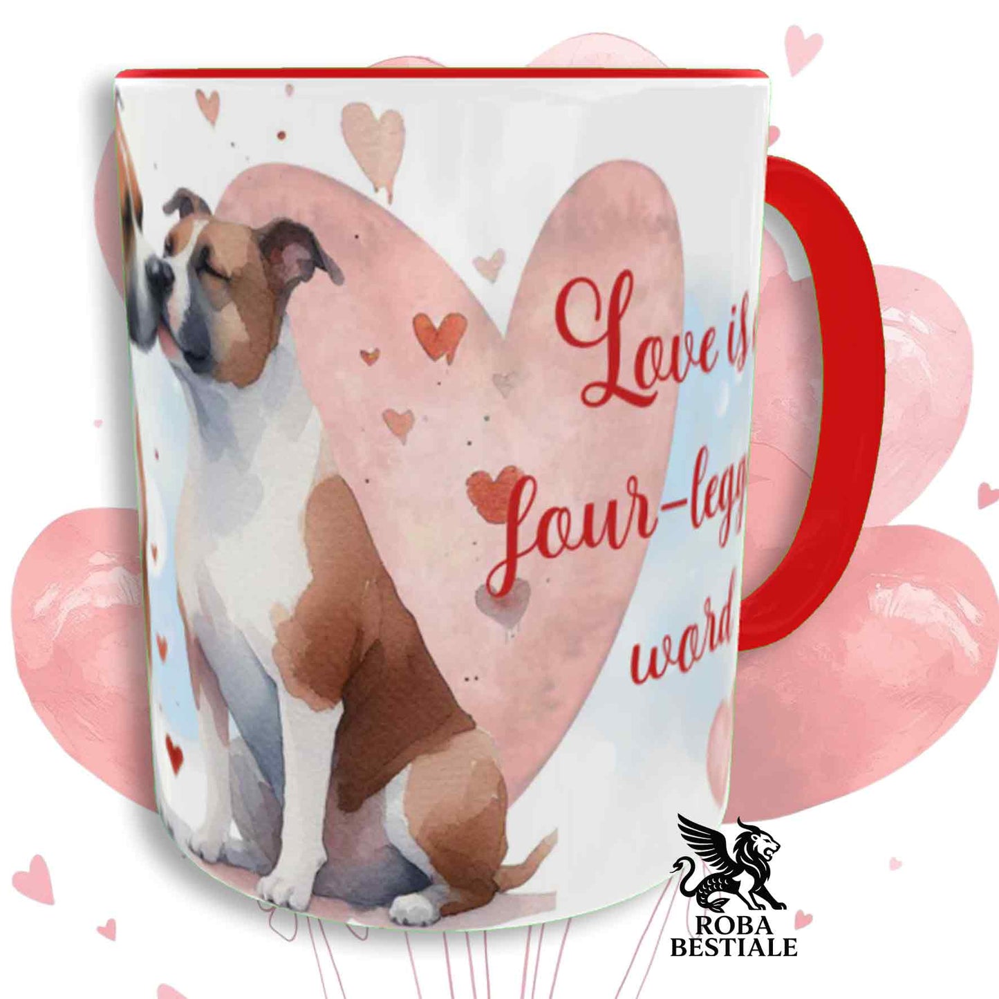 Tazza LOVE ME - AMERICAN STAFFORDSHIRE TERRIER Bianco e Rosso - In Ceramica, con dettagli Rossi - 330 ml