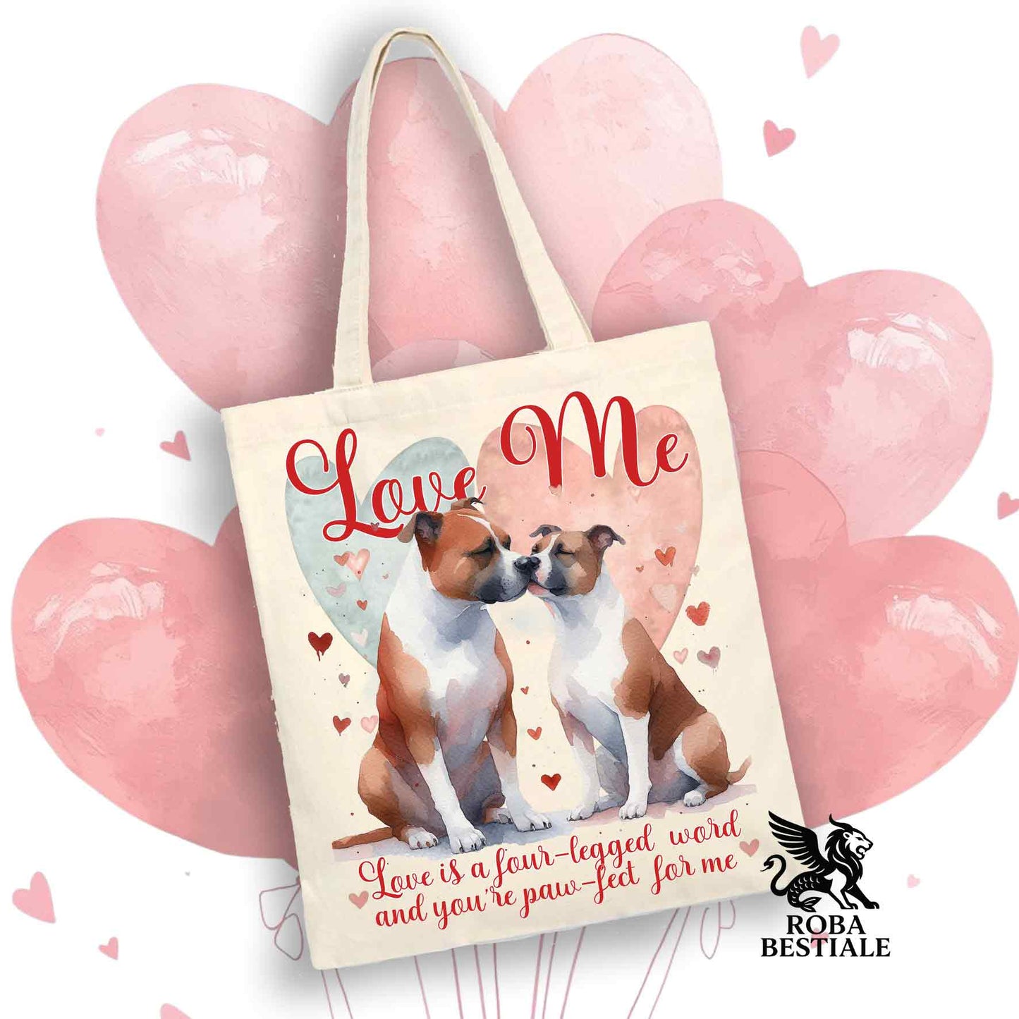 Tote Bag LOVE ME - AMERICAN STAFFORDSHIRE TERRIER Bianco e Rosso - 100% Cotone - Bianca o Beige