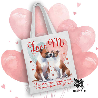 Tote Bag LOVE ME - AMERICAN STAFFORDSHIRE TERRIER Bianco e Rosso - 100% Cotone - Bianca o Beige