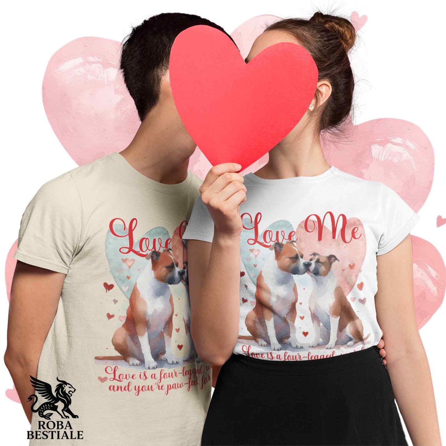 T-shirt LOVE ME - AMERICAN STAFFORDSHIRE TERRIER Bianco e Rosso - Bianca o Beige, Uomo o Donna - dalla XS alla 5XL