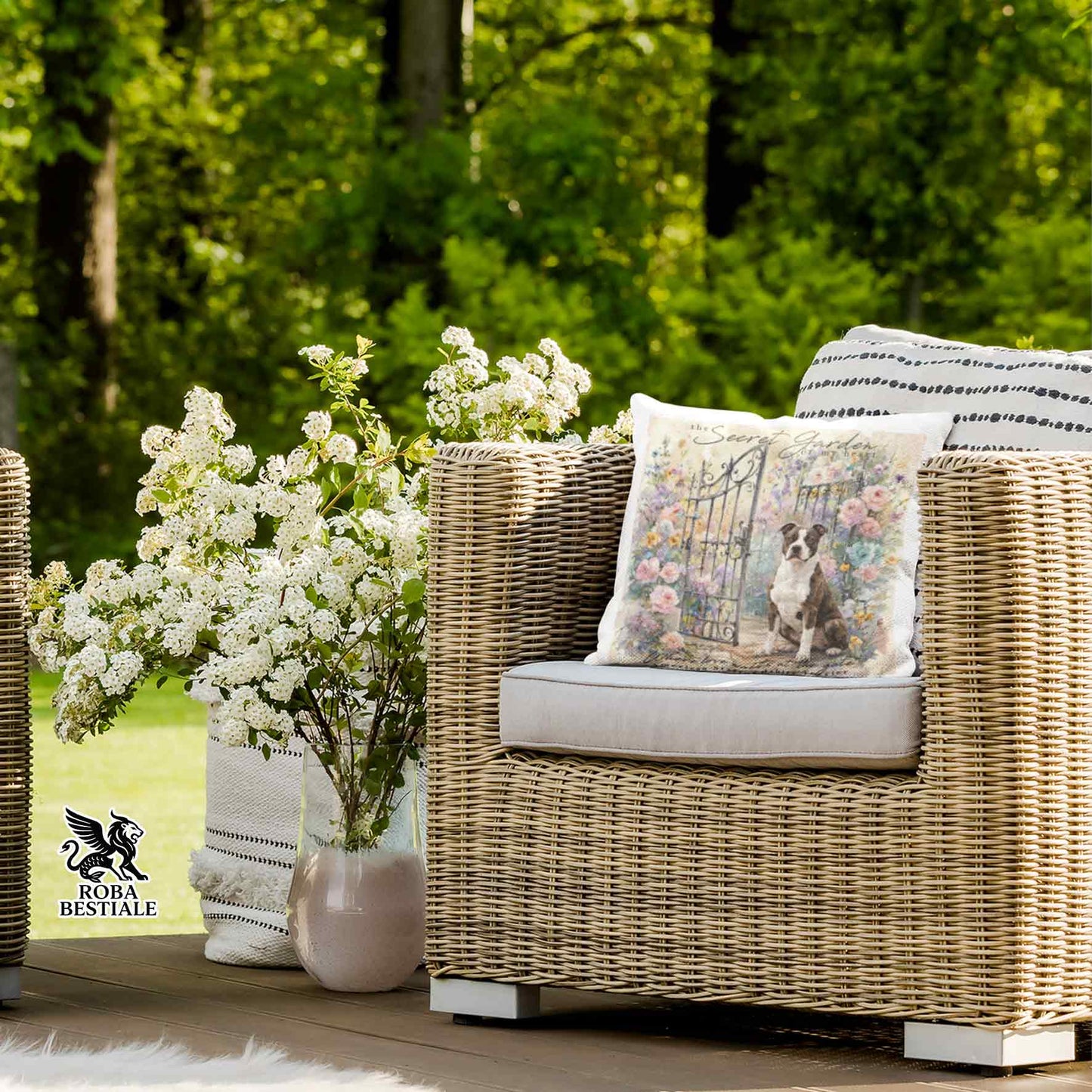 Cuscino SECRET GARDEN - AMERICAN STAFFORDSHIRE TERRIER Bianco e Tigrato - 100% Tela di Cotone - 40x40 cm