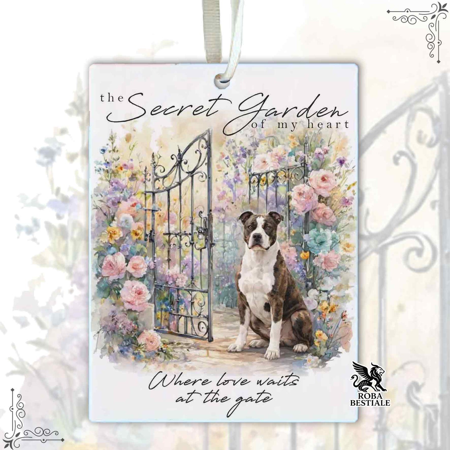 SECRET GARDEN Air Freshener - White and Brindle AMERICAN STAFFORDSHIRE TERRIER - Felt, with cord - 7.5 x 10 cm