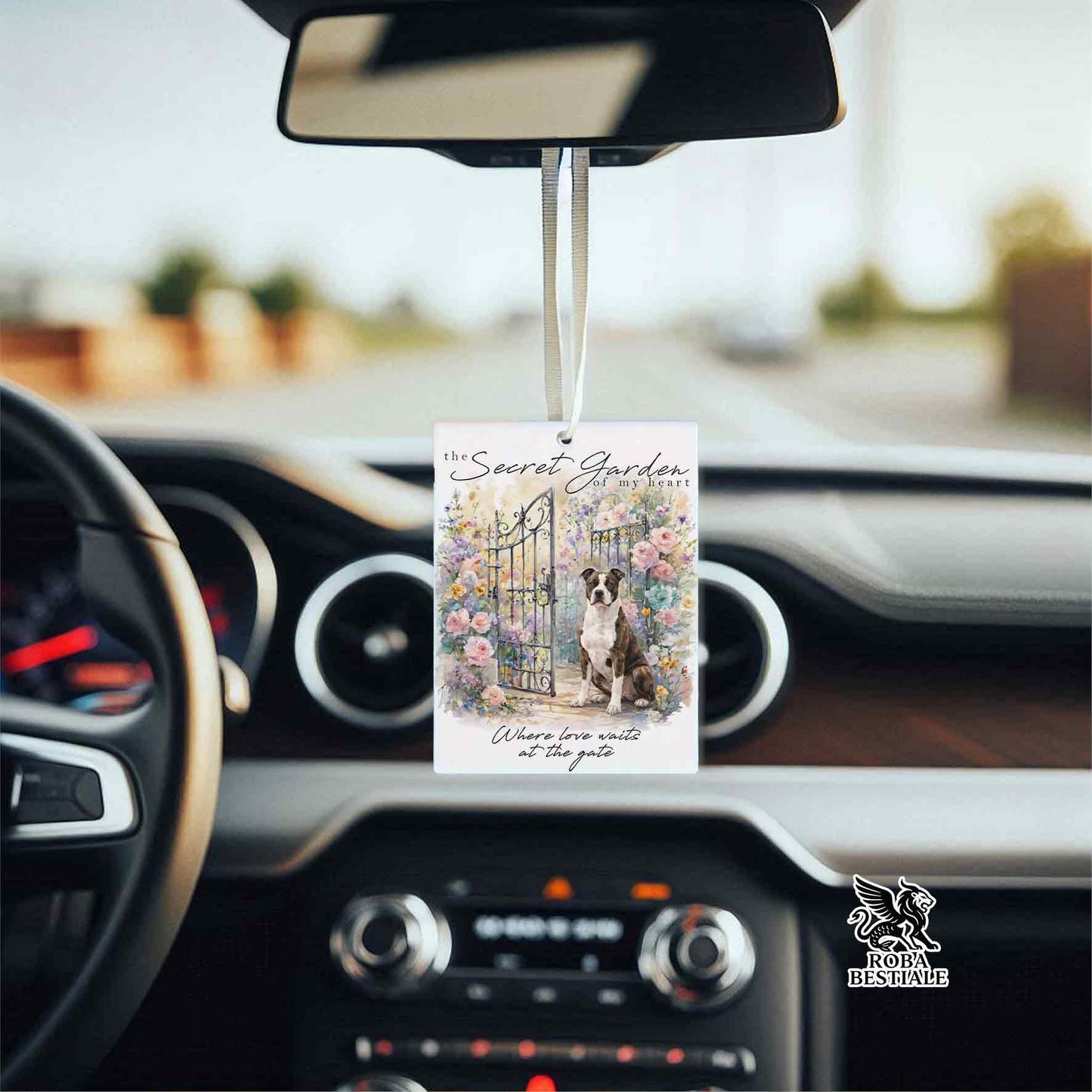 SECRET GARDEN Air Freshener - White and Brindle AMERICAN STAFFORDSHIRE TERRIER - Felt, with cord - 7.5 x 10 cm