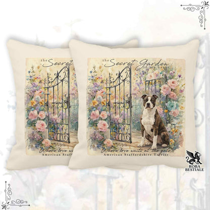 Cuscino SECRET GARDEN - AMERICAN STAFFORDSHIRE TERRIER Bianco e Tigrato - 100% Tela di Cotone - 40x40 cm