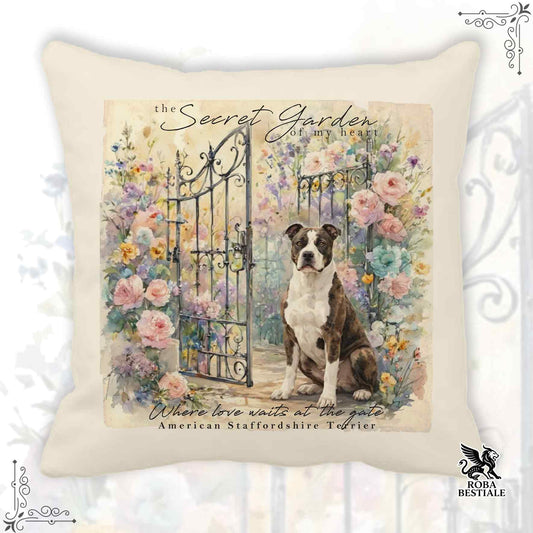 Cuscino SECRET GARDEN - AMERICAN STAFFORDSHIRE TERRIER Bianco e Tigrato - 100% Tela di Cotone - 40x40 cm