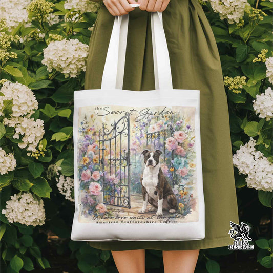 Tote Bag SECRET GARDEN - AMERICAN STAFFORDSHIRE TERRIER Bianco e Tigrato - 100% Cotone - Bianca o Beige