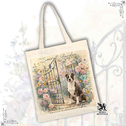 Tote Bag SECRET GARDEN - AMERICAN STAFFORDSHIRE TERRIER Bianco e Tigrato - 100% Cotone - Bianca o Beige