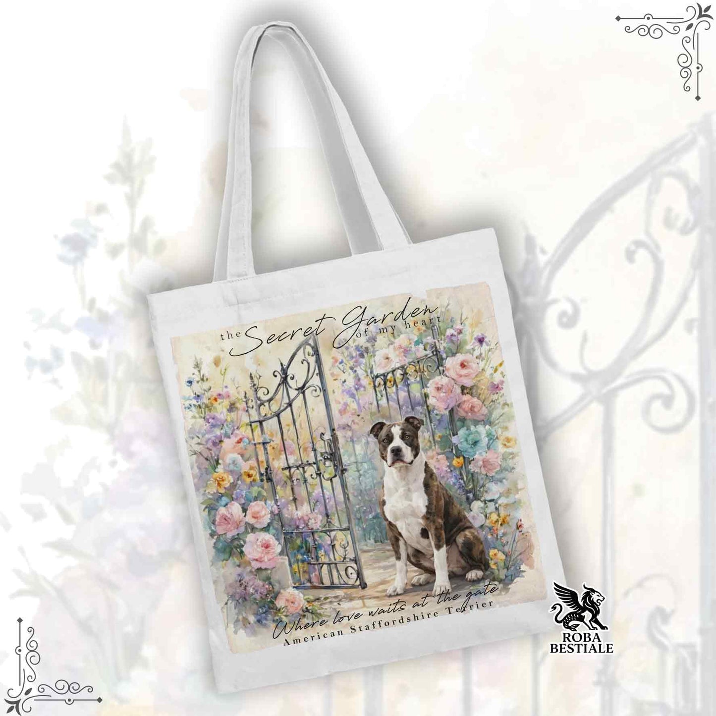 Tote Bag SECRET GARDEN - AMERICAN STAFFORDSHIRE TERRIER Bianco e Tigrato - 100% Cotone - Bianca o Beige
