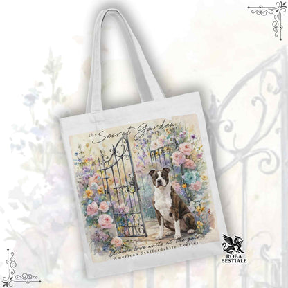 Tote Bag SECRET GARDEN - AMERICAN STAFFORDSHIRE TERRIER Bianco e Tigrato - 100% Cotone - Bianca o Beige