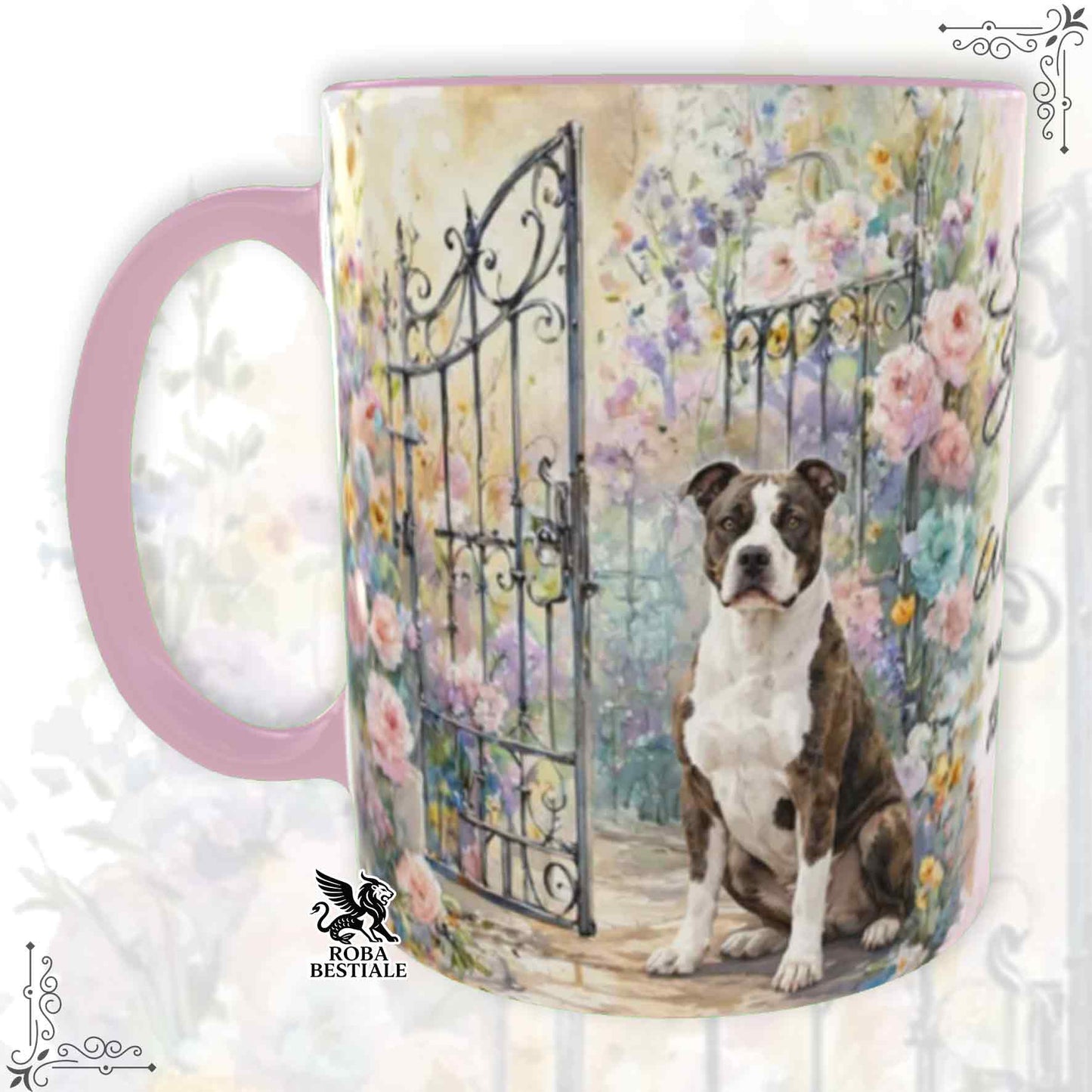 Tazza SECRET GARDEN - AMERICAN STAFFORDSHIRE TERRIER Bianco e Tigrato - Dettagli ROSA - 330 ml - in Ceramica