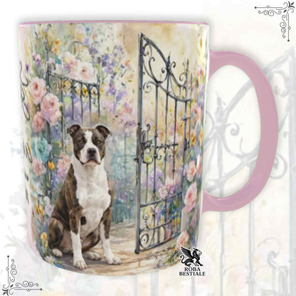 Tazza SECRET GARDEN - AMERICAN STAFFORDSHIRE TERRIER Bianco e Tigrato - Dettagli ROSA - 330 ml - in Ceramica
