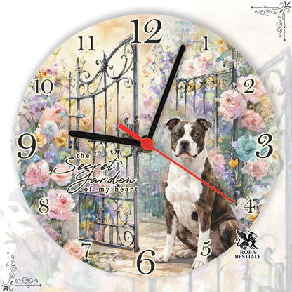 Wall Clock SECRET GARDEN - WHITE AND BRINDLE AMERICAN STAFFORDSHIRE TERRIER - in MDF - 20 or 30 cm diameter
