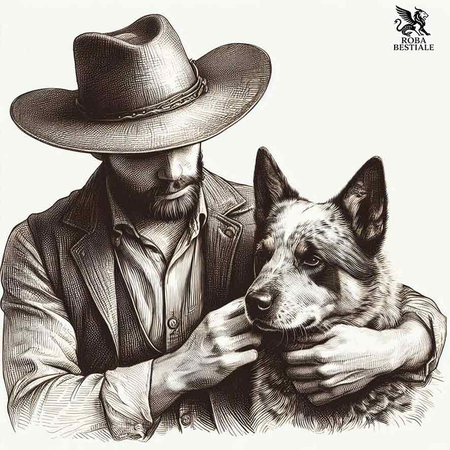 Un Australian Cattle Dog che viene coccolato dal proprietario, un Cowboy con un cappello tipico
