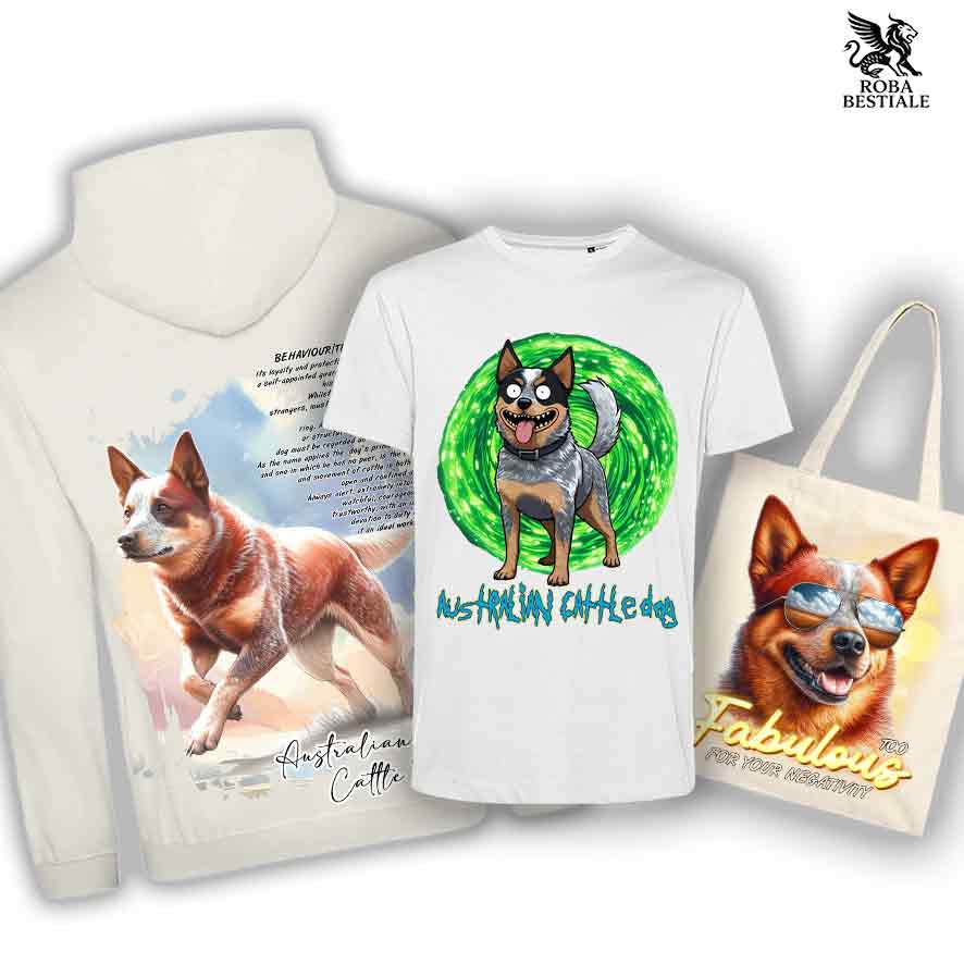 Felpa, t-shirt e shopper con la stampa di immagini di Australian Cattle Dog. Grafiche originali di Roba Bestiale