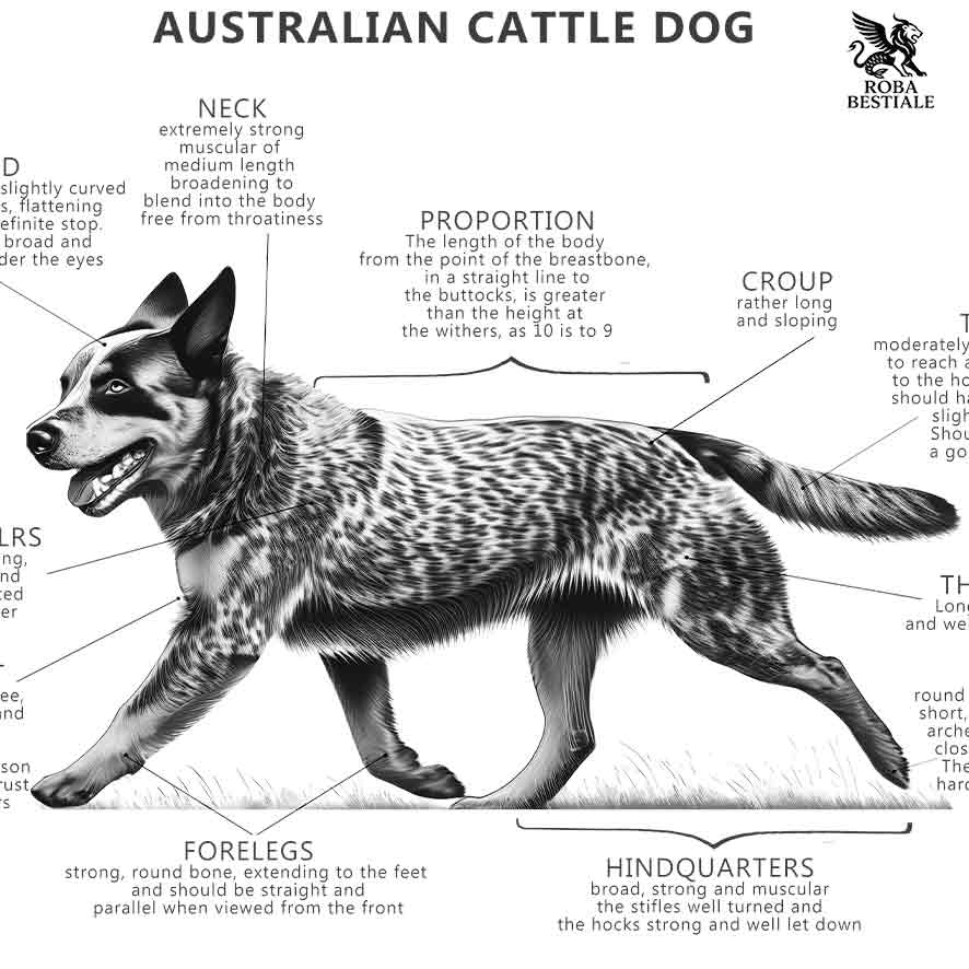 Un Australian Cattle Dog con alcune indicazioni di costruzione fisica, dettagli dello standard e suggerimenti per l'allevamento di un soggetto corretto morfologicamente