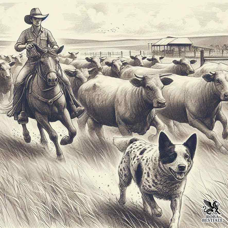 Un'immagine di un Australian Cattle Dog che conduce una mandria di bovini al fianco di un cowboy a cavallo