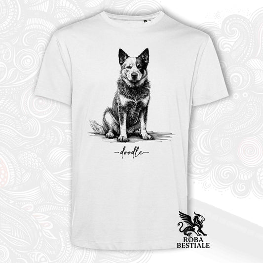 T-Shirt DOODLE - AUSTRALIAN CATTLE DOG - Bianca o Beige, da Uomo o da Donna - dalla XS alla 5XL