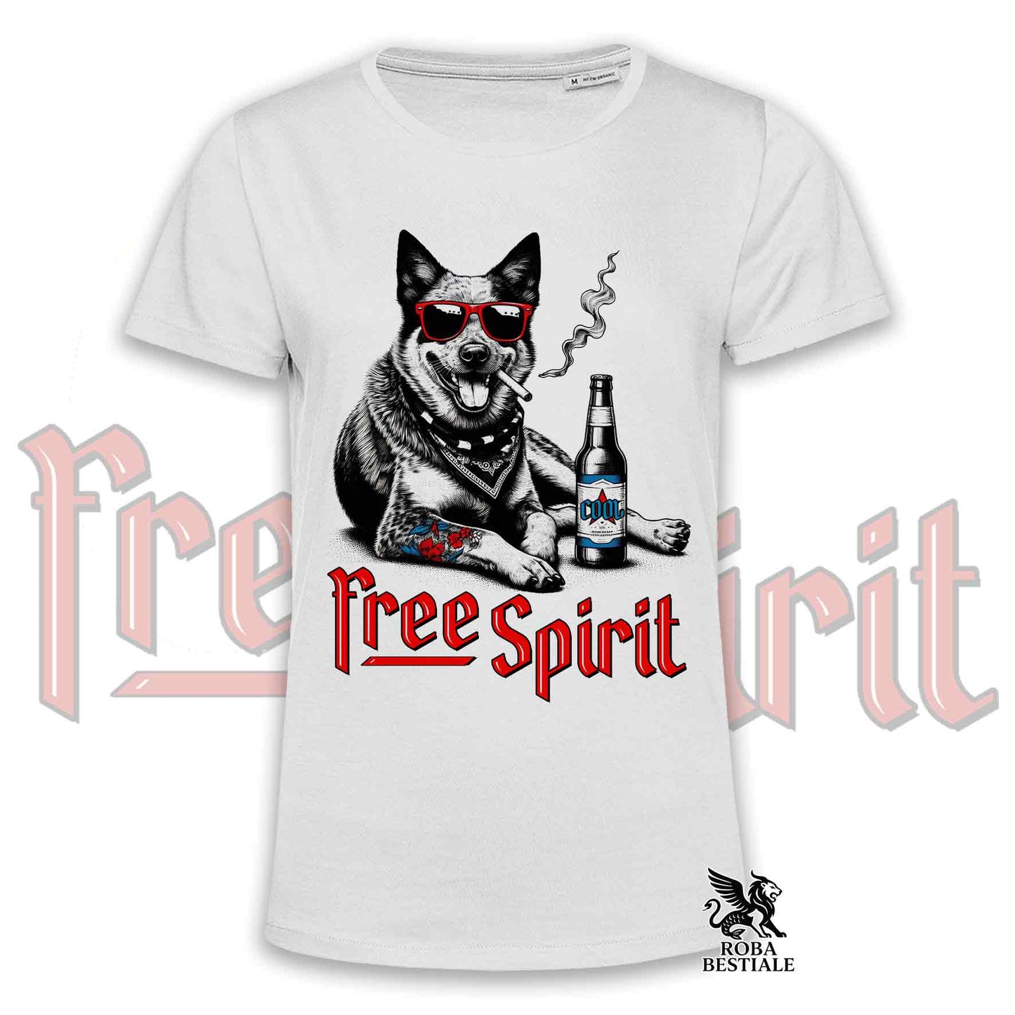 T-Shirt FREE SPIRIT - AUSTRALIAN CATTLE DOG - Bianca o Beige, da Uomo o da Donna - dalla XS alla 5XL