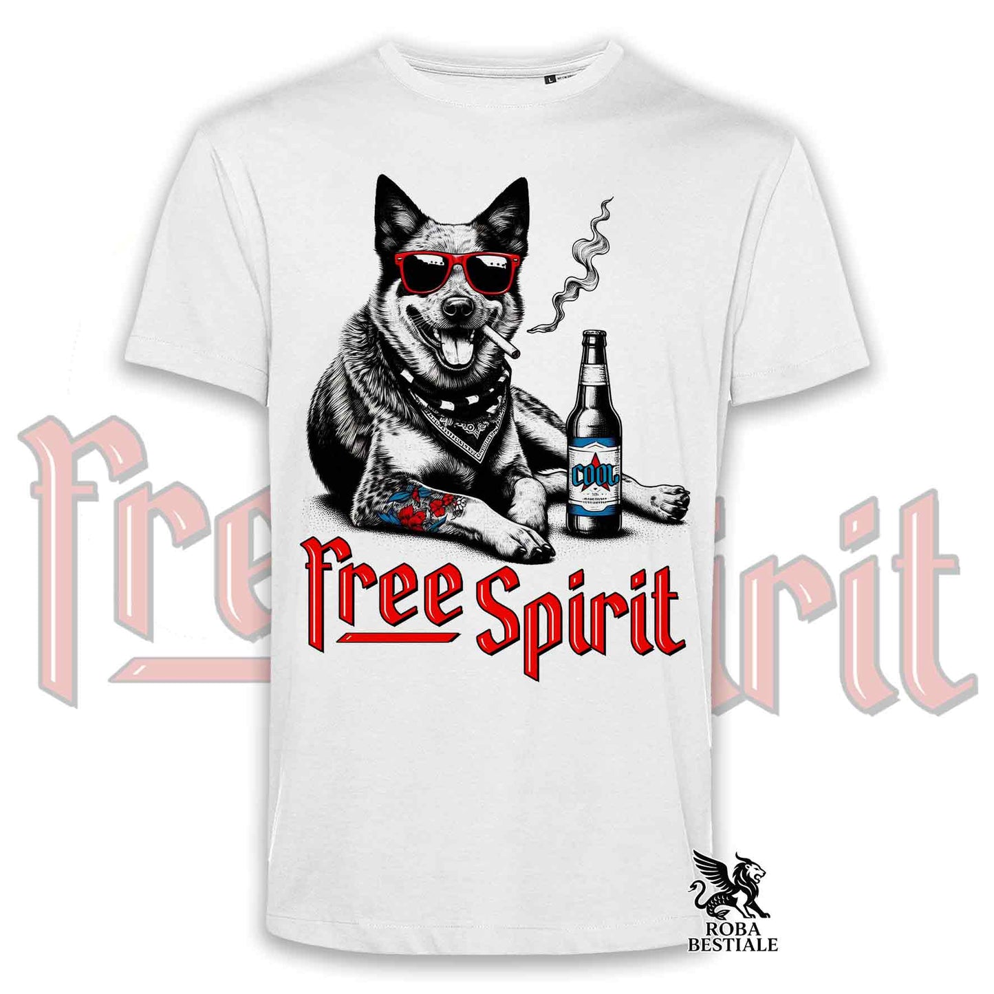 T-Shirt FREE SPIRIT - AUSTRALIAN CATTLE DOG - Bianca o Beige, da Uomo o da Donna - dalla XS alla 5XL