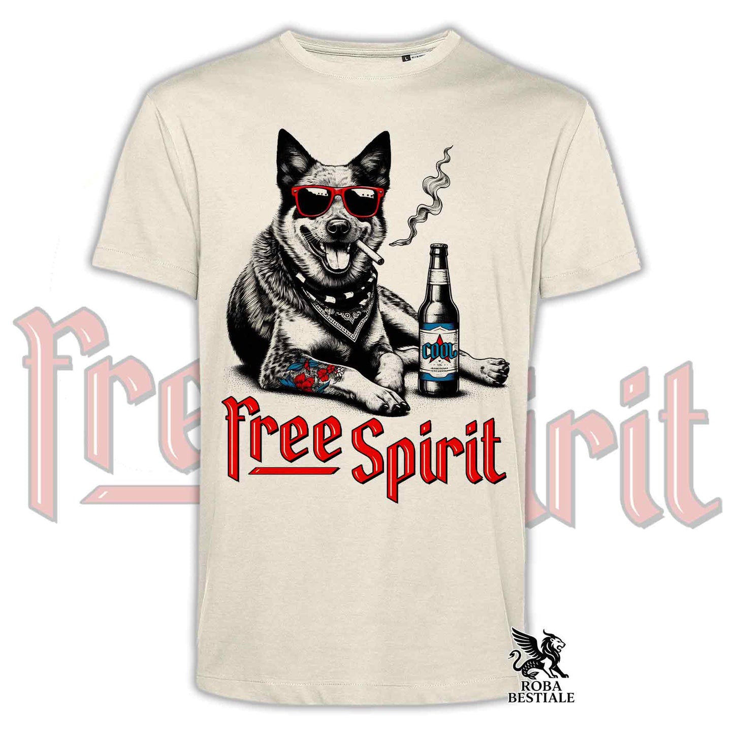 T-Shirt FREE SPIRIT - AUSTRALIAN CATTLE DOG - Bianca o Beige, da Uomo o da Donna - dalla XS alla 5XL