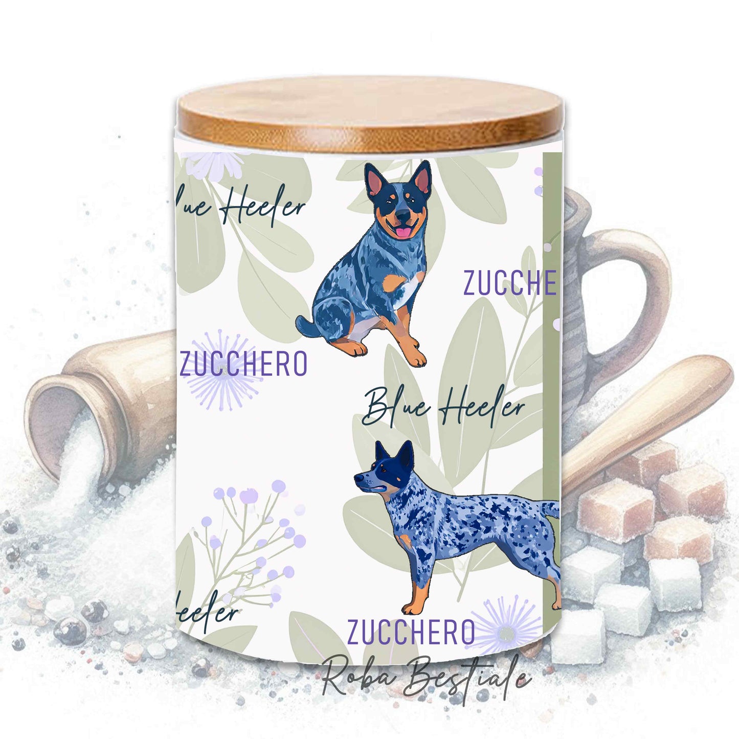 Barattolo ZUCCHERO - AUSTRALIAN CATTLE DOG Blue - In Ceramica, Tappo in legno con guarnizione