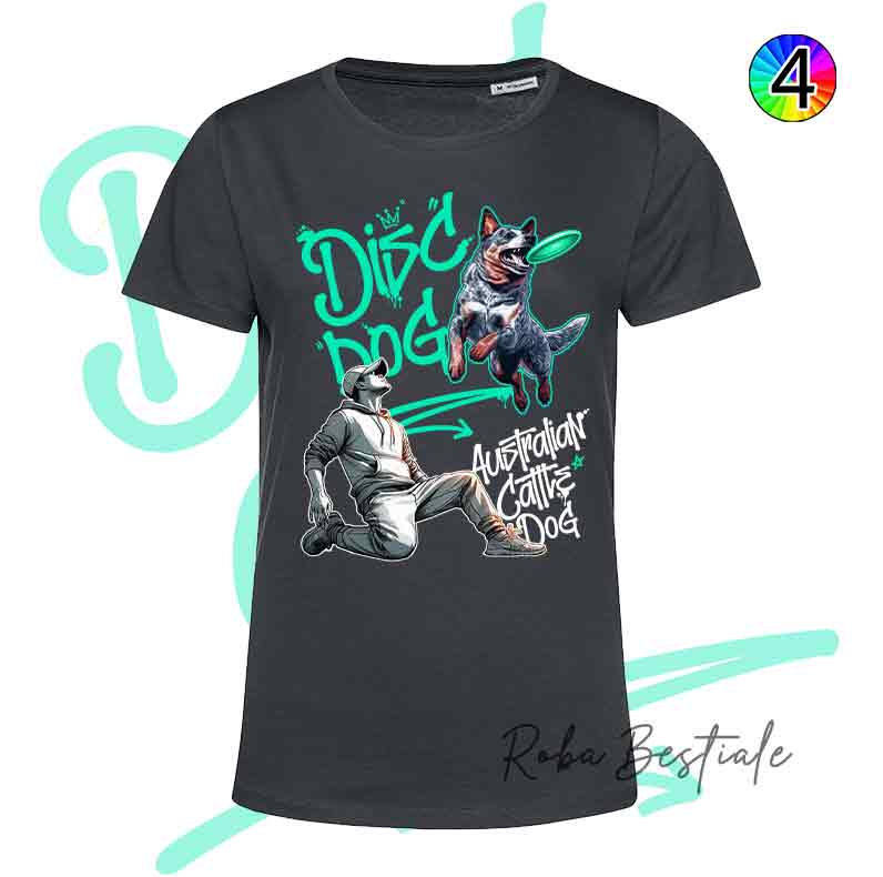 T-Shirt NERA Disc Dog GRAFFITI - AUSTRALIAN CATTLE DOG Blue - Design "BOY" - Dettagli in 4 colori!