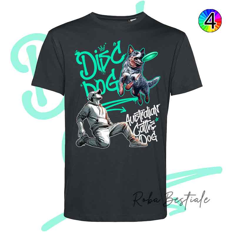 T-Shirt NERA Disc Dog GRAFFITI - AUSTRALIAN CATTLE DOG Blue - Design "BOY" - Dettagli in 4 colori!