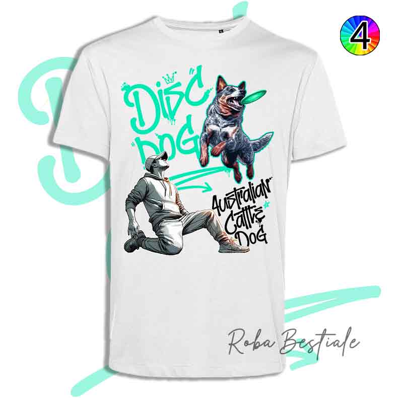 T-Shirt Disc Dog GRAFFITI - AUSTRALIAN CATTLE DOG Blue - Design "BOY" - Dettagli in 4 colori!