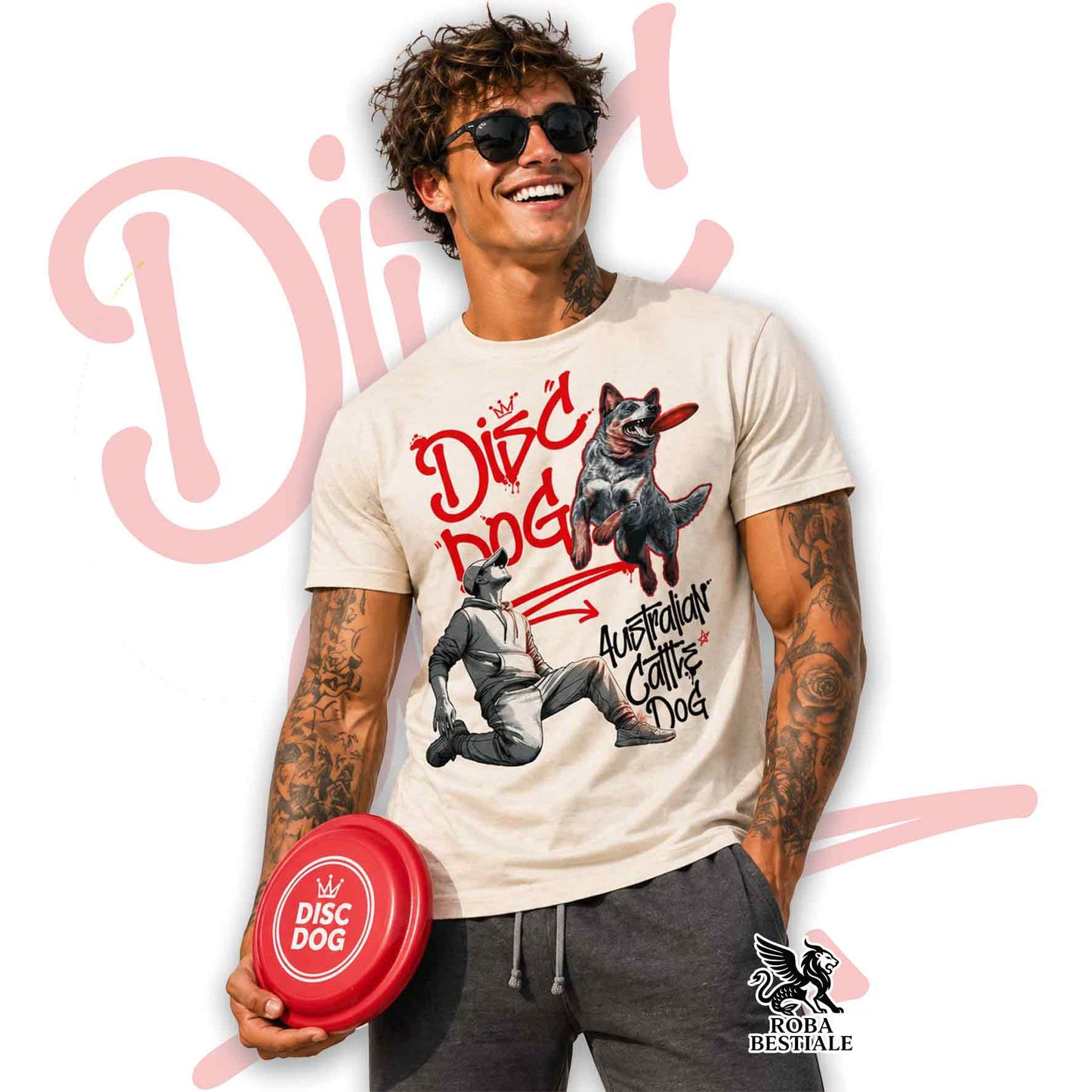 T-Shirt DISC DOG Graffiti "BOY" - AUSTRALIAN CATTLE DOG Blue - Off White, colore dettagli a scelta - dalla XS alla 2XL