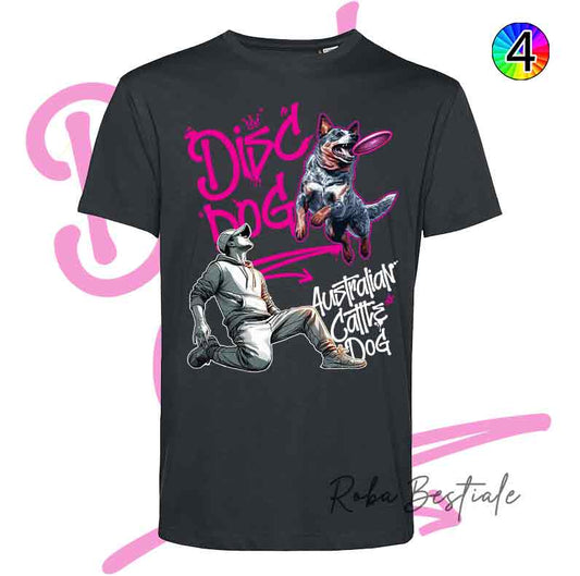 T-Shirt NERA Disc Dog GRAFFITI - AUSTRALIAN CATTLE DOG Blue - Design "BOY" - Dettagli in 4 colori!