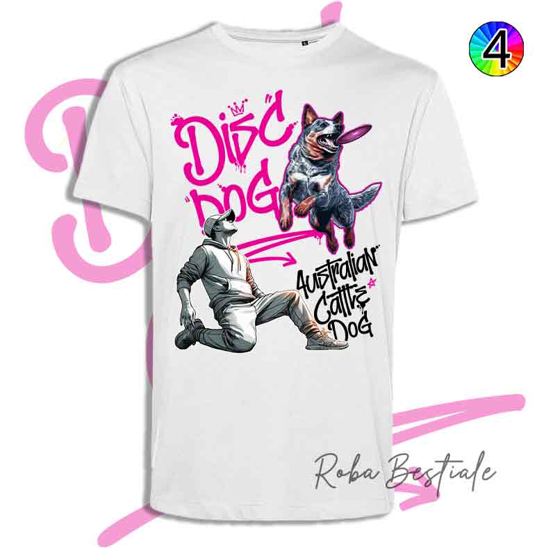 T-Shirt Disc Dog GRAFFITI - AUSTRALIAN CATTLE DOG Blue - Design "BOY" - Dettagli in 4 colori!