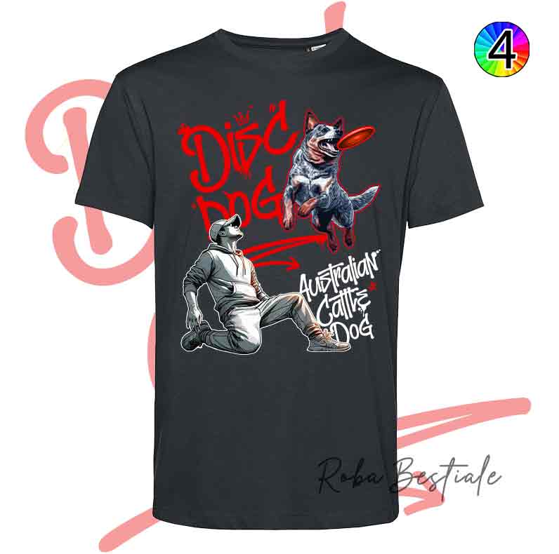 T-Shirt NERA Disc Dog GRAFFITI - AUSTRALIAN CATTLE DOG Blue - Design "BOY" - Dettagli in 4 colori!