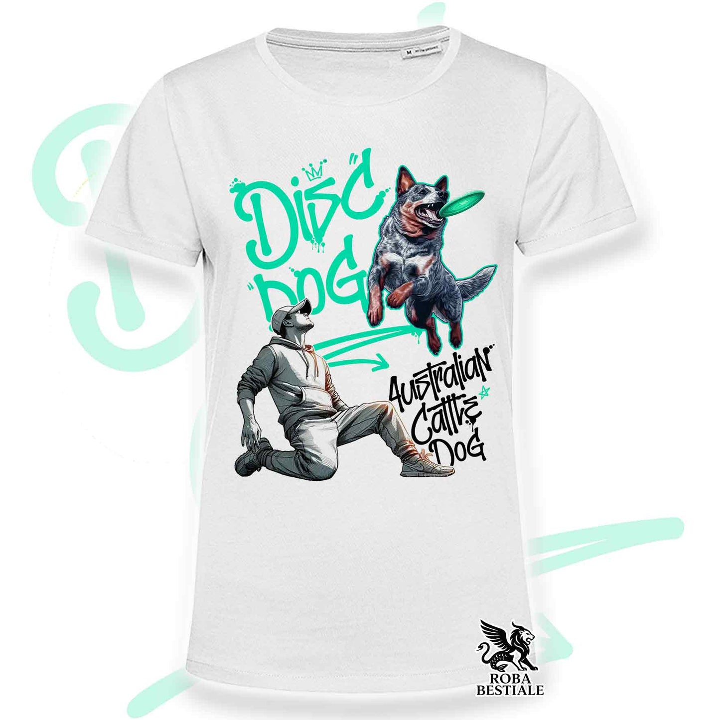 T-Shirt DISC DOG Graffiti "BOY" - AUSTRALIAN CATTLE DOG Blue - Bianca, colore dettagli a scelta - dalla XS alla 5XL