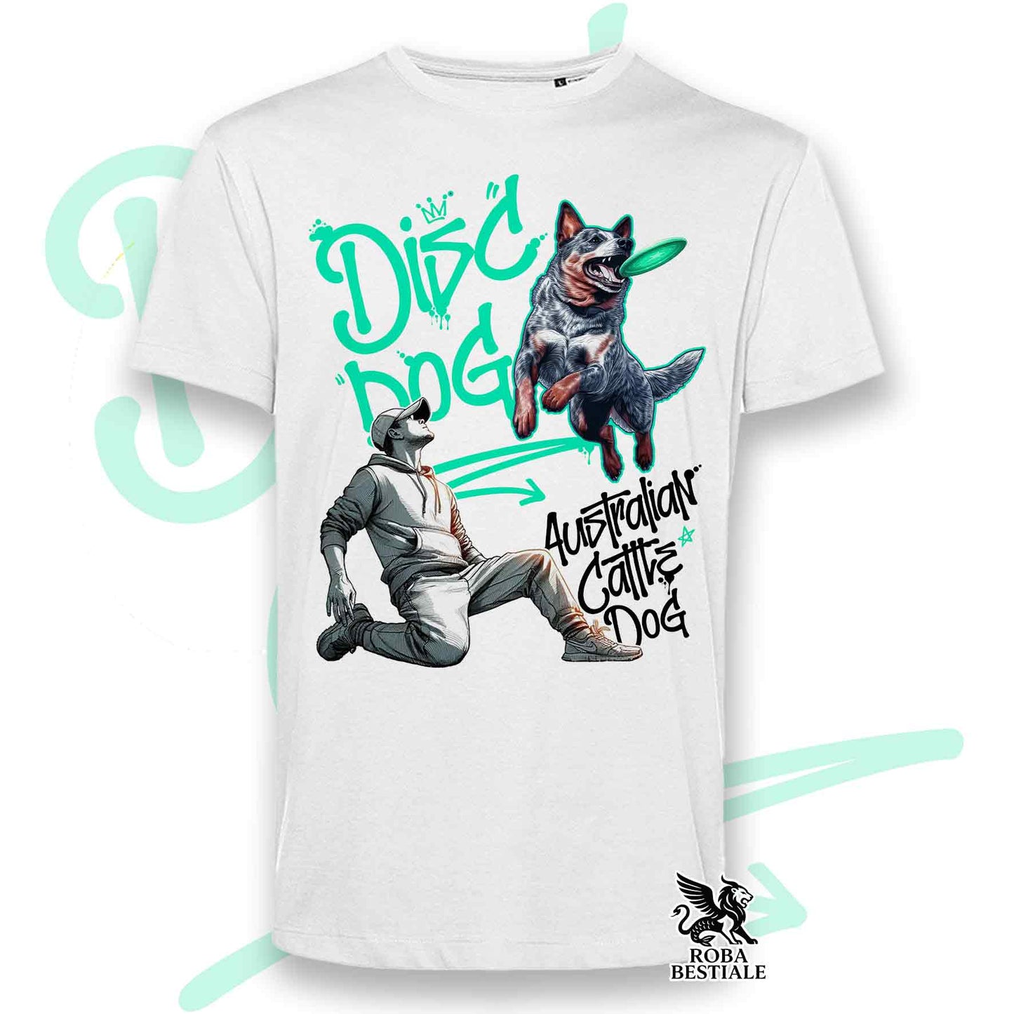 T-Shirt DISC DOG Graffiti "BOY" - AUSTRALIAN CATTLE DOG Blue - Bianca, colore dettagli a scelta - dalla XS alla 5XL