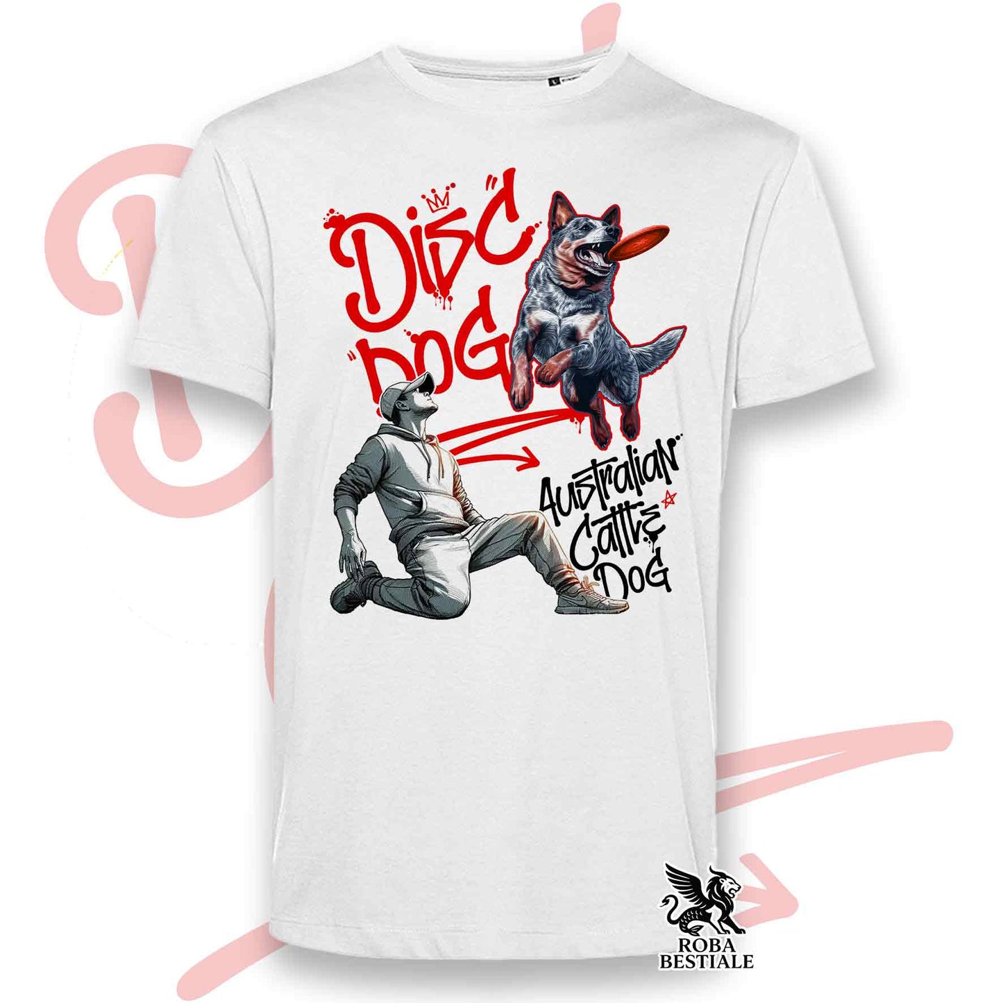 T-Shirt DISC DOG Graffiti "BOY" - AUSTRALIAN CATTLE DOG Blue - Bianca, colore dettagli a scelta - dalla XS alla 5XL