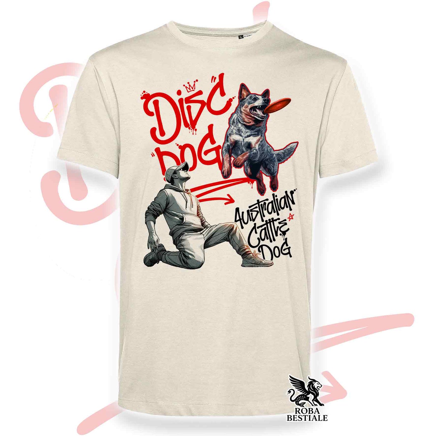 T-Shirt DISC DOG Graffiti "BOY" - AUSTRALIAN CATTLE DOG Blue - Off White, colore dettagli a scelta - dalla XS alla 2XL
