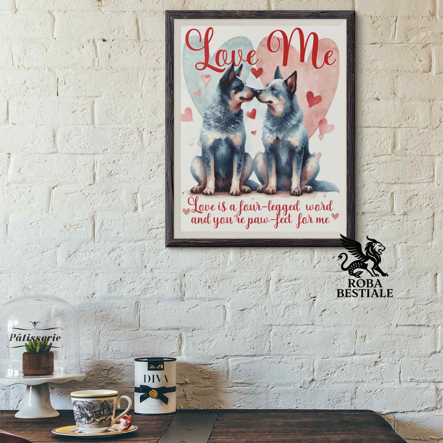 Quadretto LOVE ME - AUSTRALIAN CATTLE DOG Blue - Con cornice in legno, formato A4