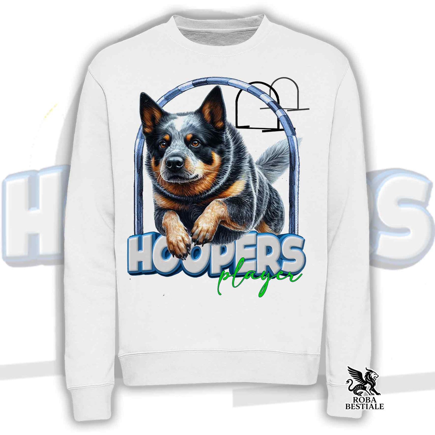 Felpa HOOPERS Player - AUSTRALIAN CATTLE DOG Blue - Girocollo, Unisex - Bianca o Beige - dalla XS alla 3XL