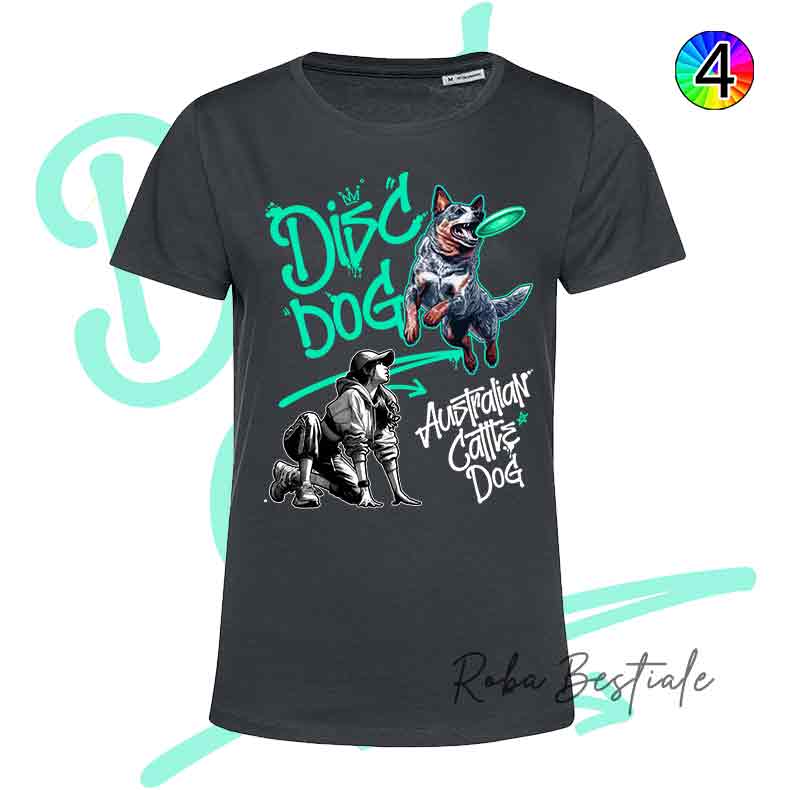 T-Shirt NERA Disc Dog GRAFFITI - AUSTRALIAN CATTLE DOG Blue - Design "GIRL" - Dettagli in 4 colori!
