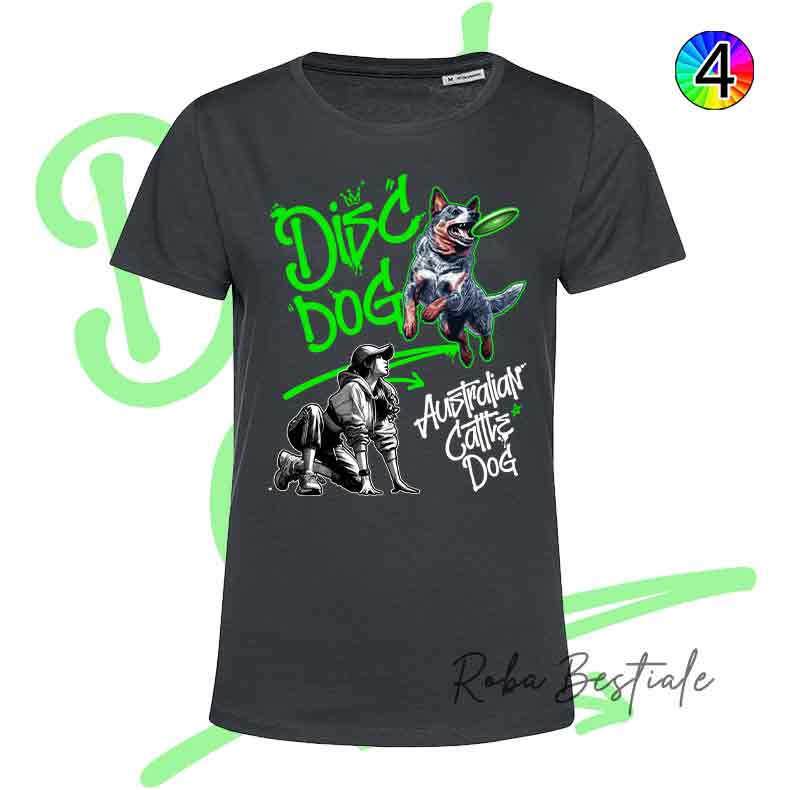 T-Shirt NERA Disc Dog GRAFFITI - AUSTRALIAN CATTLE DOG Blue - Design "GIRL" - Dettagli in 4 colori!
