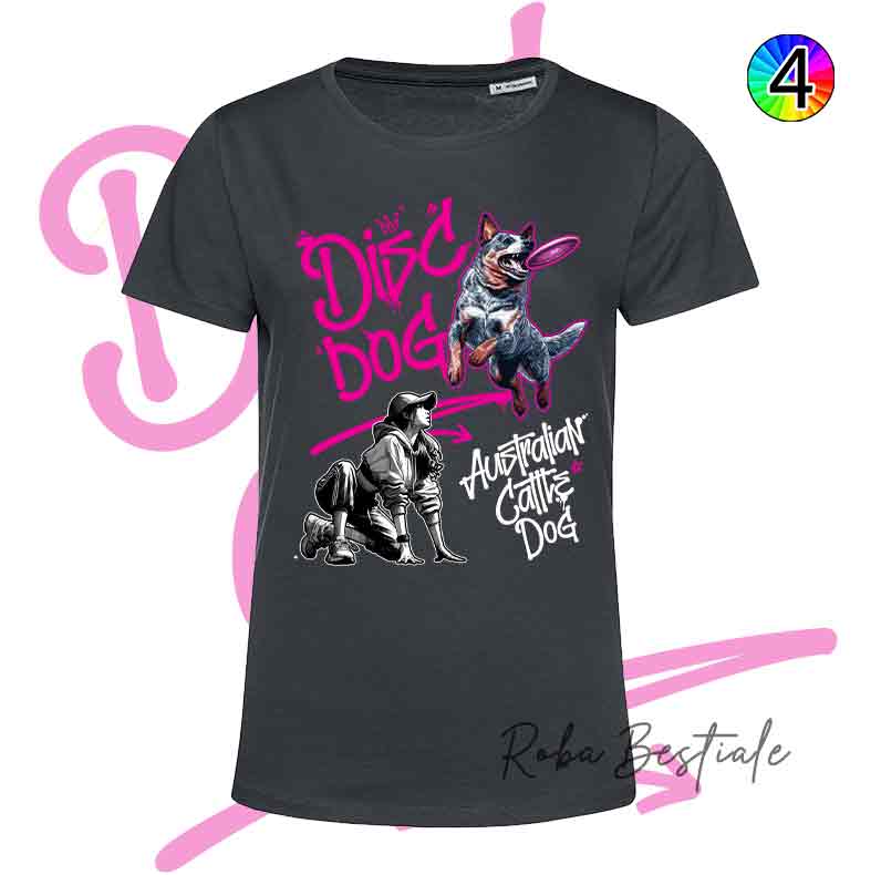 T-Shirt NERA Disc Dog GRAFFITI - AUSTRALIAN CATTLE DOG Blue - Design "GIRL" - Dettagli in 4 colori!