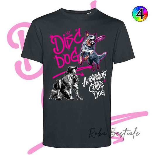 T-Shirt NERA Disc Dog GRAFFITI - AUSTRALIAN CATTLE DOG Blue - Design "GIRL" - Dettagli in 4 colori!