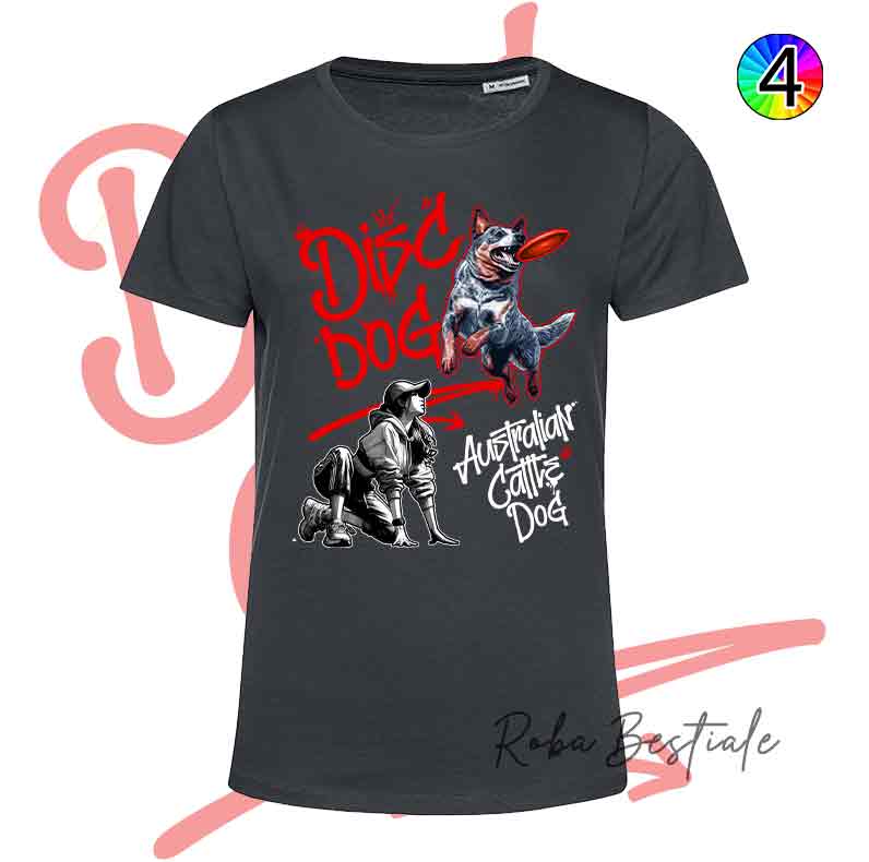 T-Shirt NERA Disc Dog GRAFFITI - AUSTRALIAN CATTLE DOG Blue - Design "GIRL" - Dettagli in 4 colori!